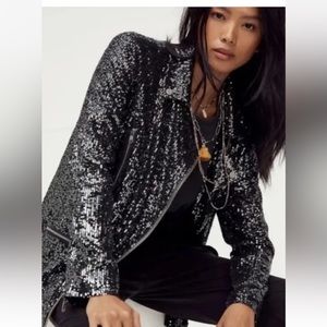 Free People Midnight Message Moto Jacket Sequin Silver Black We The Free xs